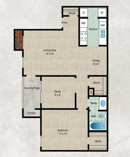 Floor plan for 1 bed, 1 bath, 793 sqft